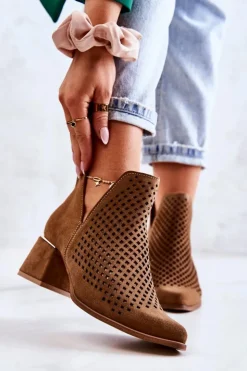 Boto Botki Wiosenne|Botki Na Słupku*Zamszowe Ażurowe Botki Lewski Shoes 3165 Camel