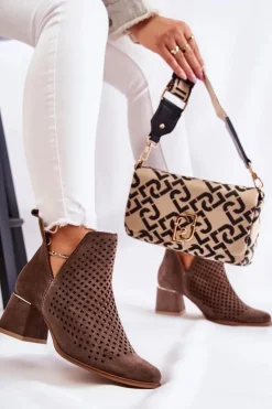 Damskie Boto Zamszowe Ażurowe Botki Lewski Shoes 3165 Brązowe