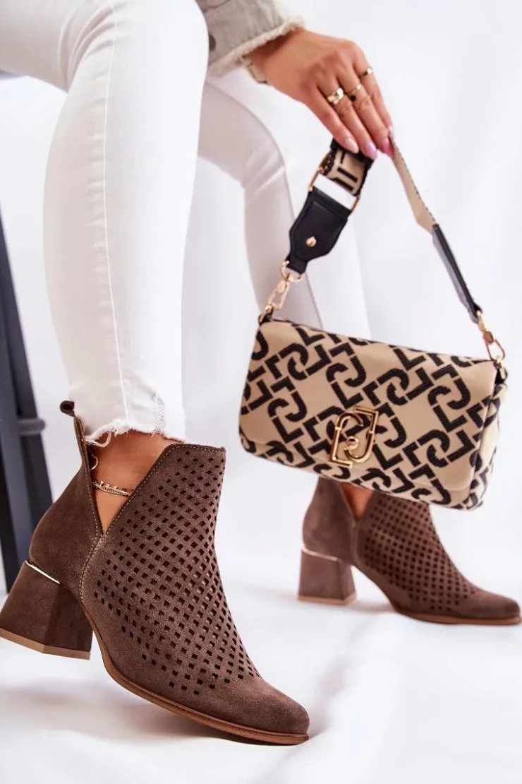 Damskie Boto Zamszowe Ażurowe Botki Lewski Shoes 3165 Brązowe