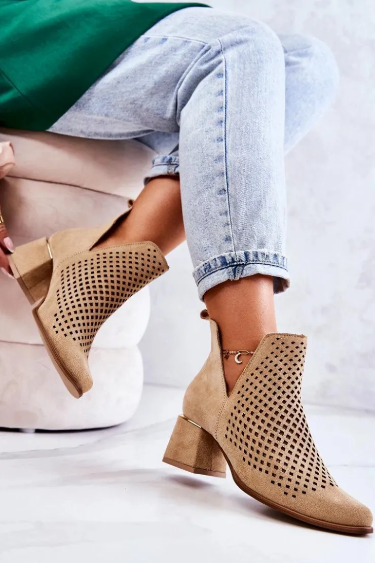 Discount Boto Zamszowe Ażurowe Botki Lewski Shoes 3165 Beżowe