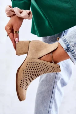 Discount Boto Zamszowe Ażurowe Botki Lewski Shoes 3165 Beżowe