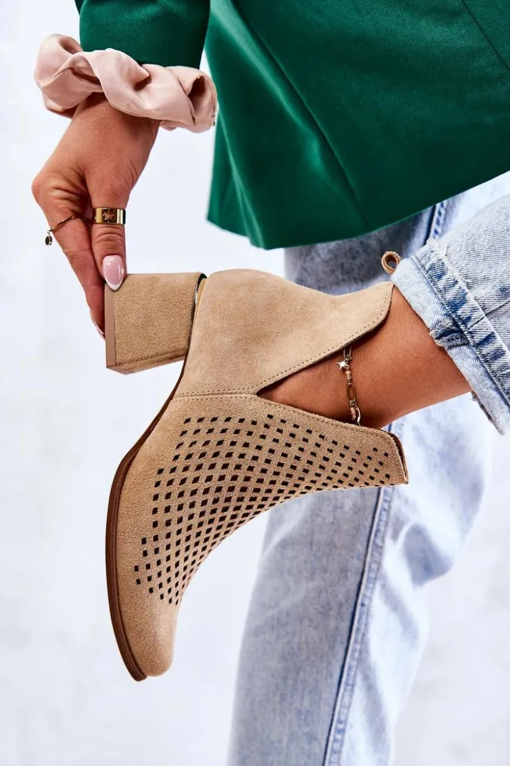 Discount Boto Zamszowe Ażurowe Botki Lewski Shoes 3165 Beżowe