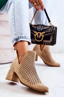 Discount Boto Zamszowe Ażurowe Botki Lewski Shoes 3165 Beżowe