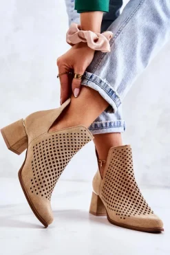 Discount Boto Zamszowe Ażurowe Botki Lewski Shoes 3165 Beżowe