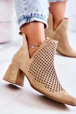 Discount Boto Zamszowe Ażurowe Botki Lewski Shoes 3165 Beżowe