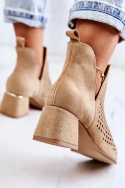 Discount Boto Zamszowe Ażurowe Botki Lewski Shoes 3165 Beżowe