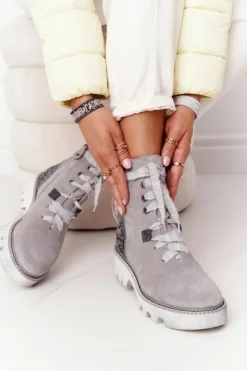 Maciejka Botki Wiosenne|Botki Maciejka*Zamszowe Ażurowe Botki Popielate 05033-03