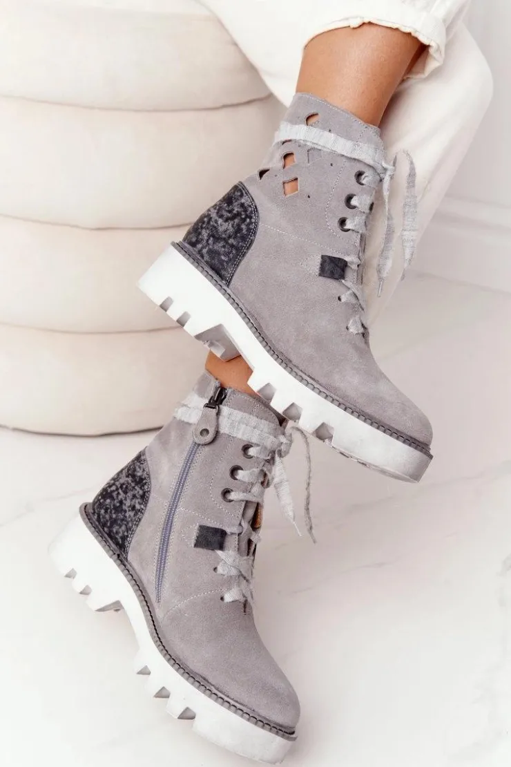 Maciejka Botki Wiosenne|Botki Maciejka*Zamszowe Ażurowe Botki Popielate 05033-03