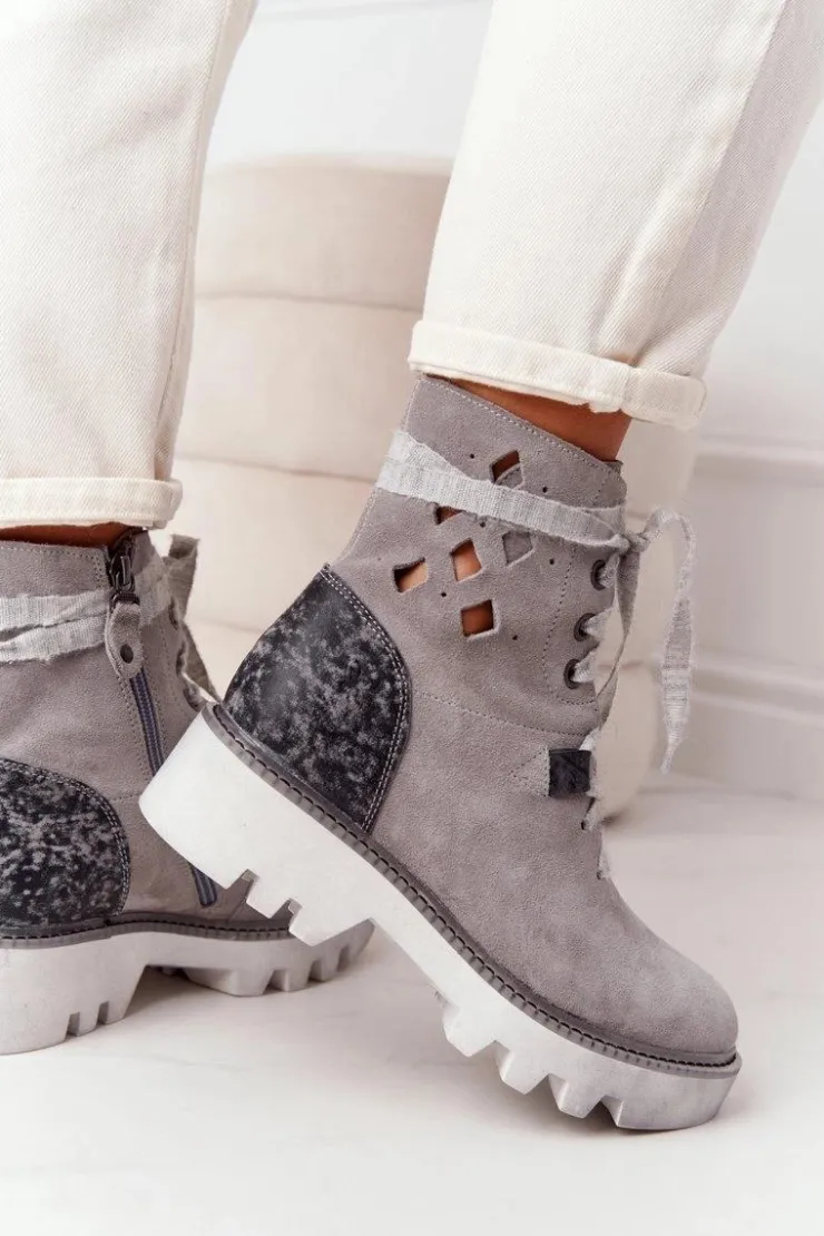 Maciejka Botki Wiosenne|Botki Maciejka*Zamszowe Ażurowe Botki Popielate 05033-03