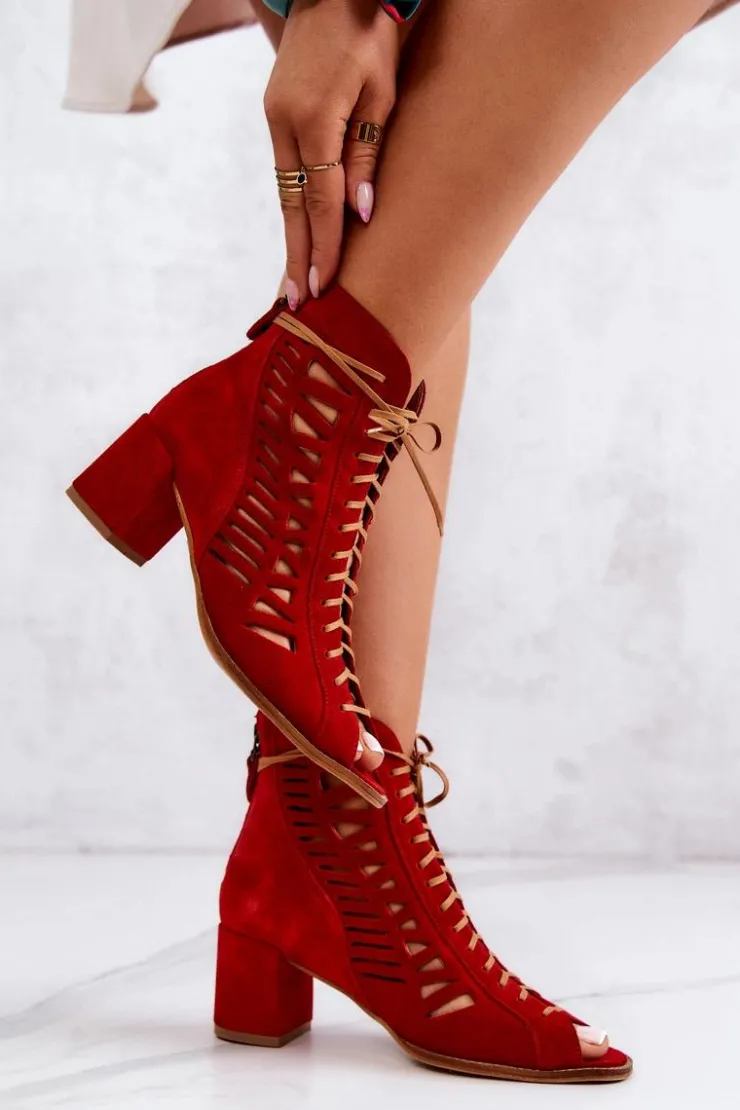 New Maciejka Zamszowe Ażurowe Botki Czerwone 04040-08