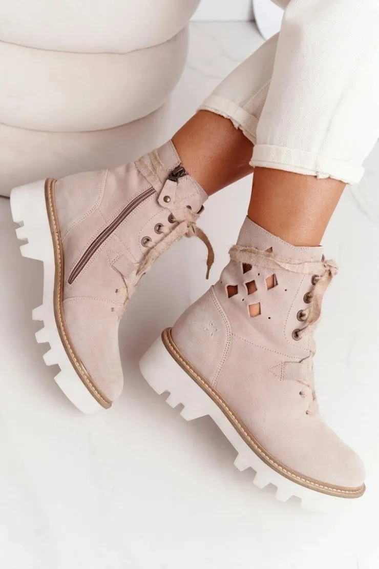 Discount Maciejka Zamszowe Ażurowe Botki Beżowe 05033-04