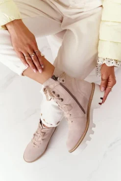 Discount Maciejka Zamszowe Ażurowe Botki Beżowe 05033-04