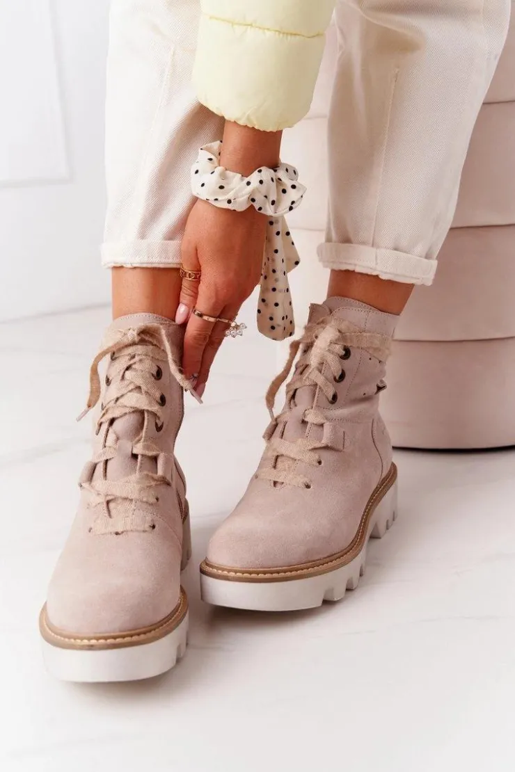 Discount Maciejka Zamszowe Ażurowe Botki Beżowe 05033-04