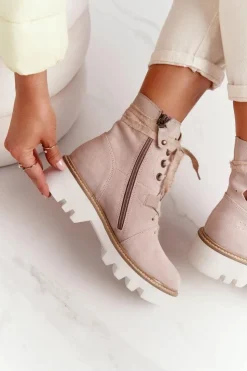 Discount Maciejka Zamszowe Ażurowe Botki Beżowe 05033-04