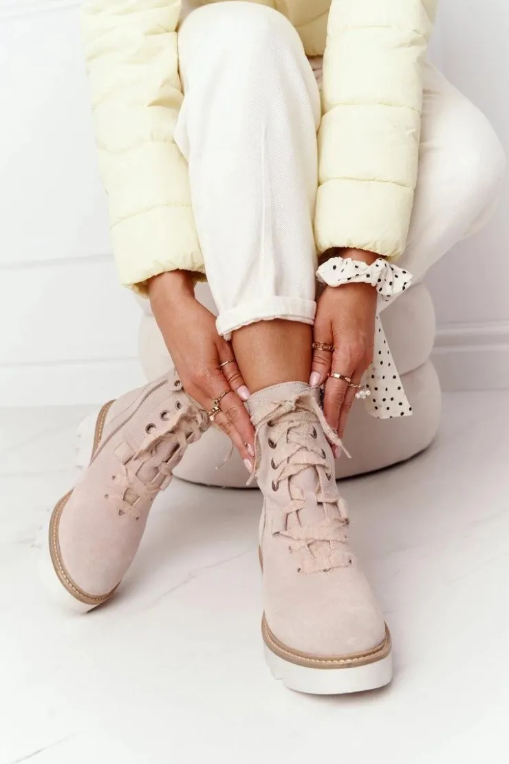 Discount Maciejka Zamszowe Ażurowe Botki Beżowe 05033-04