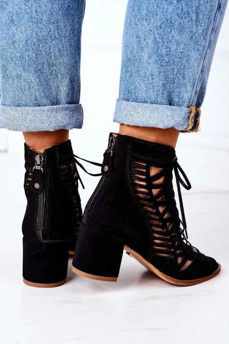 Maciejka Botki Wiosenne|Botki Maciejka*Zamszowe Ażurowe Botki 04040-01 Czarne