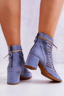 Damskie Maciejka Zamszowe Ażurowe Botki 04040-34 Niebieskie