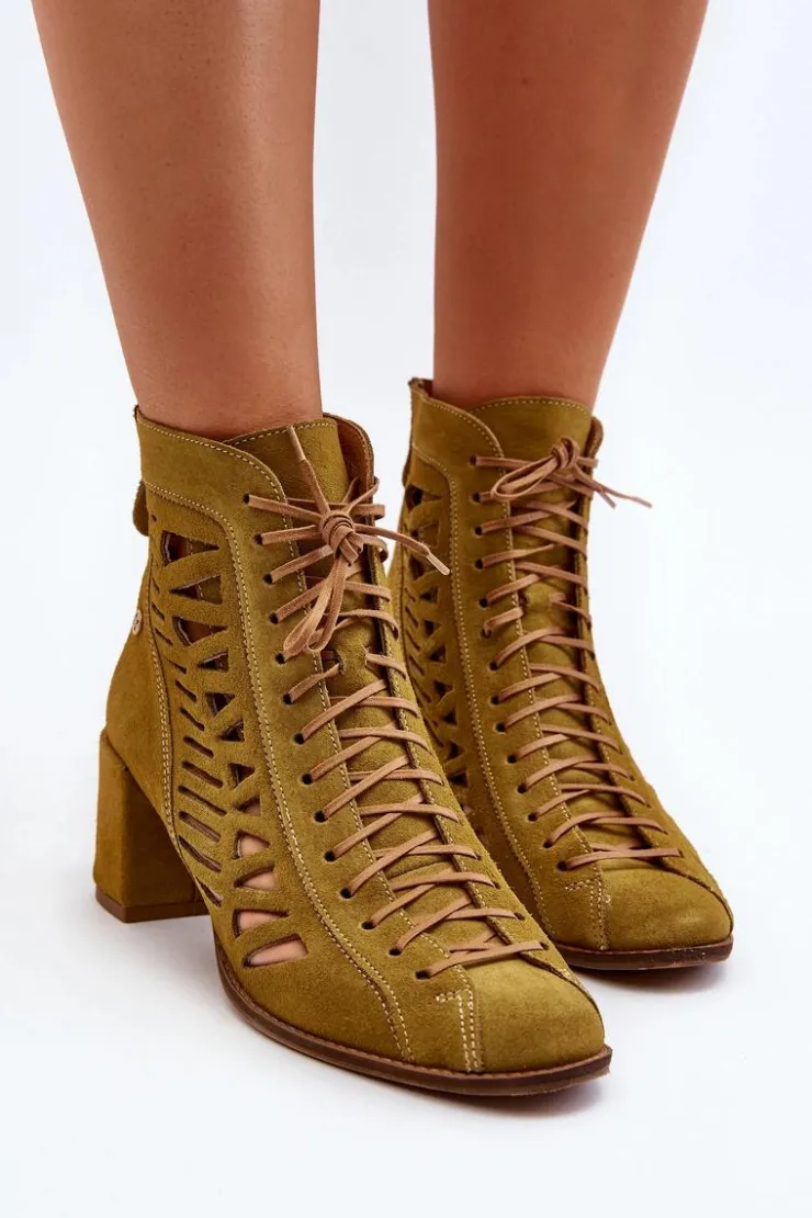 Damskie Maciejka Zamszowe Ażurowe Botki 05508-24 Oliwkowe