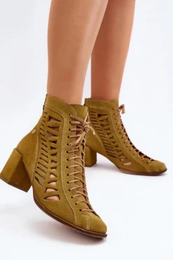 Damskie Maciejka Zamszowe Ażurowe Botki 05508-24 Oliwkowe