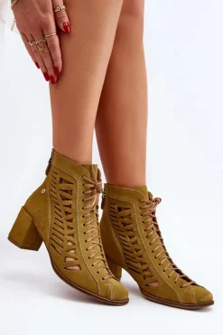 Damskie Maciejka Zamszowe Ażurowe Botki 05508-24 Oliwkowe