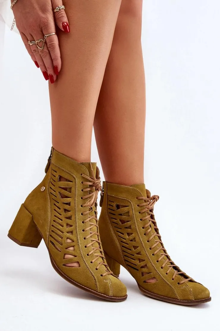 Damskie Maciejka Zamszowe Ażurowe Botki 05508-24 Oliwkowe