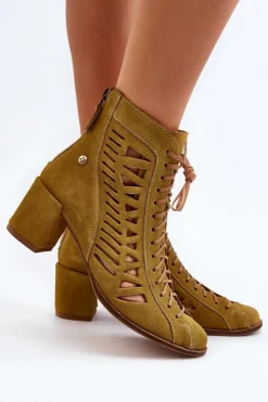 Damskie Maciejka Zamszowe Ażurowe Botki 05508-24 Oliwkowe