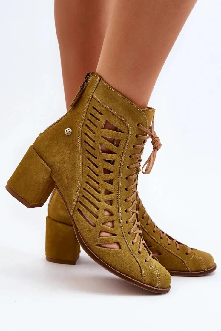 Damskie Maciejka Zamszowe Ażurowe Botki 05508-24 Oliwkowe