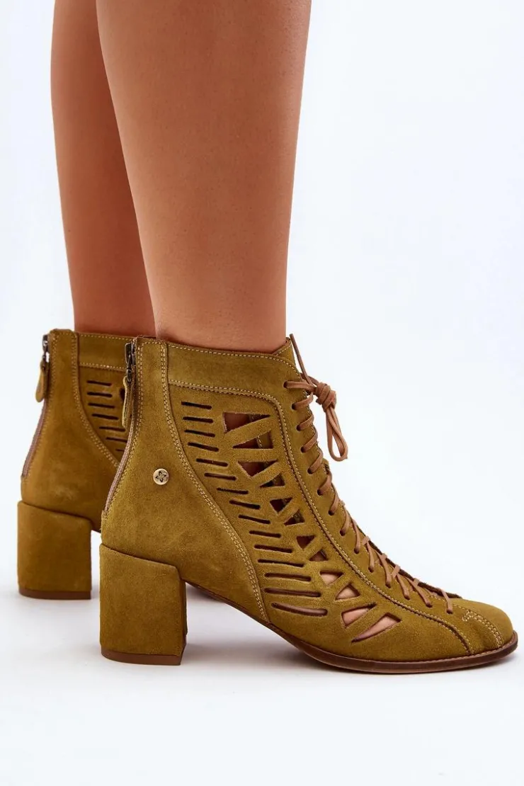 Damskie Maciejka Zamszowe Ażurowe Botki 05508-24 Oliwkowe