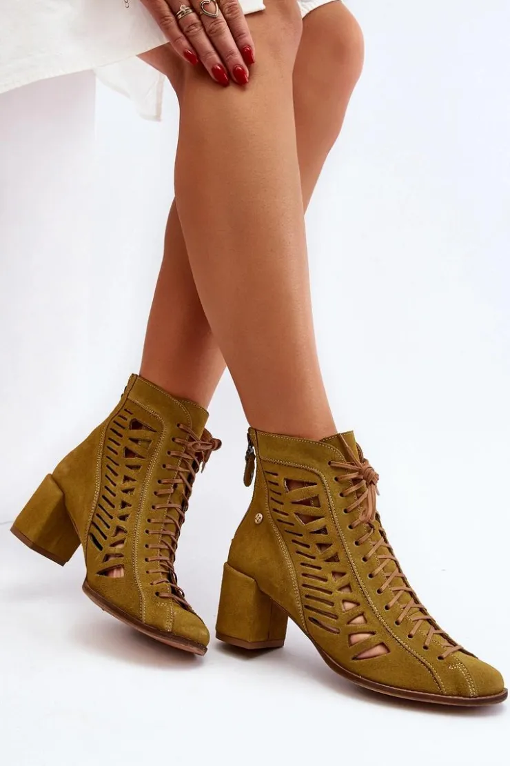 Damskie Maciejka Zamszowe Ażurowe Botki 05508-24 Oliwkowe