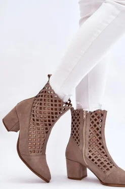 Damskie Boto Zamszowe Ażurowe Botki Na Obcasie Nicole 2638 Cappuccino