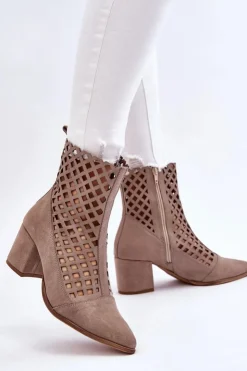 Damskie Boto Zamszowe Ażurowe Botki Na Obcasie Nicole 2638 Cappuccino