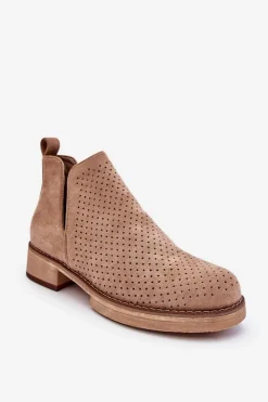 Boto Botki Wiosenne|Botki Ażurowe*Zamszowe Ażurowe Botki Na Płaskim Obcasie Ciemnobeżowe Angie