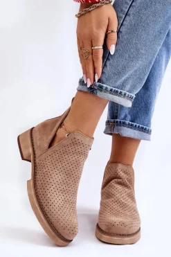 Boto Botki Wiosenne|Botki Ażurowe*Zamszowe Ażurowe Botki Na Płaskim Obcasie Ciemnobeżowe Angie