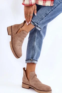Boto Botki Wiosenne|Botki Ażurowe*Zamszowe Ażurowe Botki Na Płaskim Obcasie Ciemnobeżowe Angie