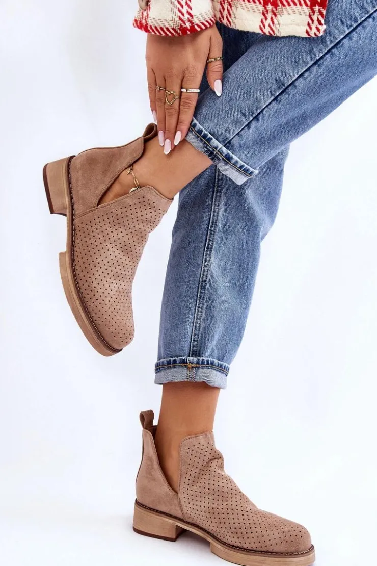 Boto Botki Wiosenne|Botki Ażurowe*Zamszowe Ażurowe Botki Na Płaskim Obcasie Ciemnobeżowe Angie