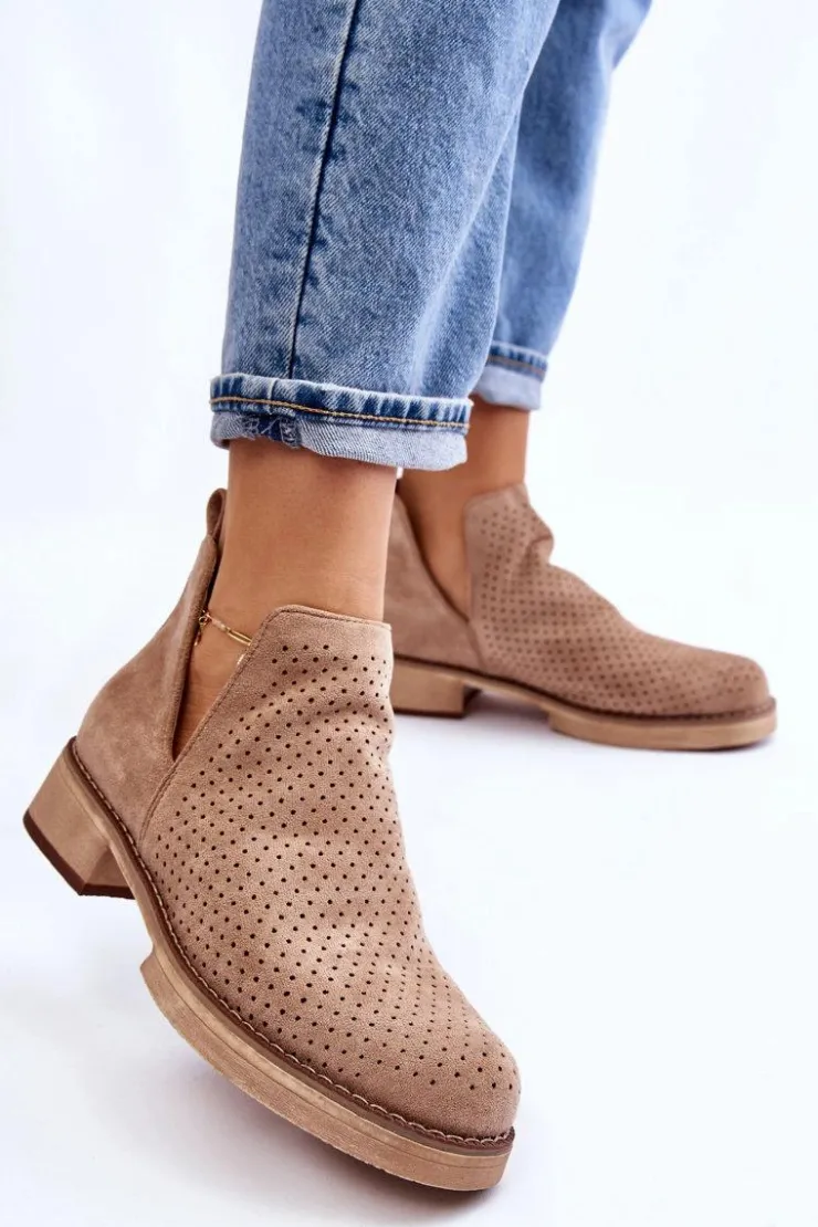 Boto Botki Wiosenne|Botki Ażurowe*Zamszowe Ażurowe Botki Na Płaskim Obcasie Ciemnobeżowe Angie