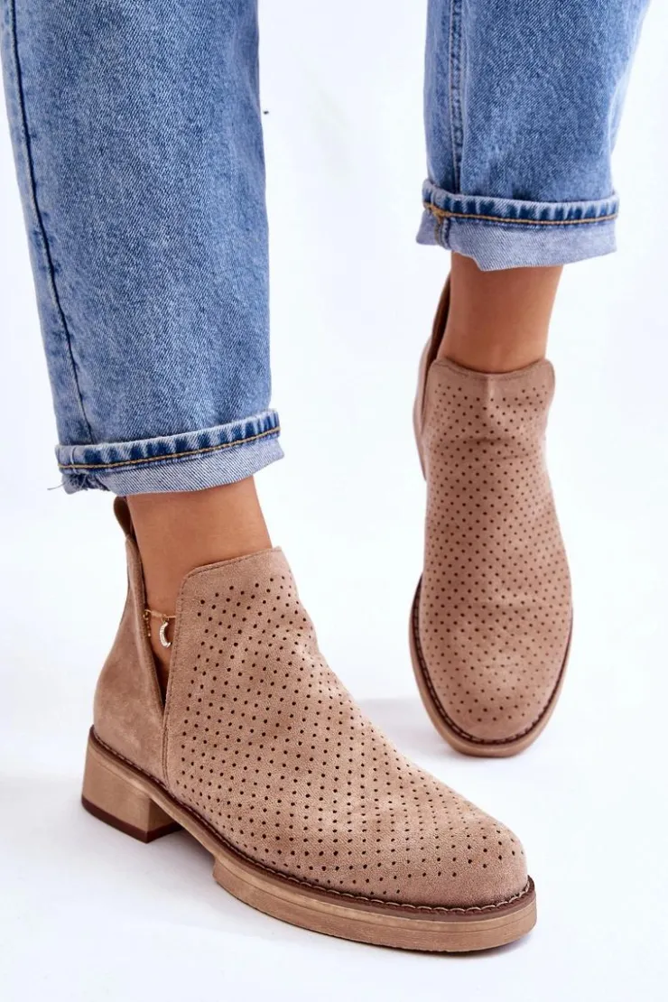 Boto Botki Wiosenne|Botki Ażurowe*Zamszowe Ażurowe Botki Na Płaskim Obcasie Ciemnobeżowe Angie