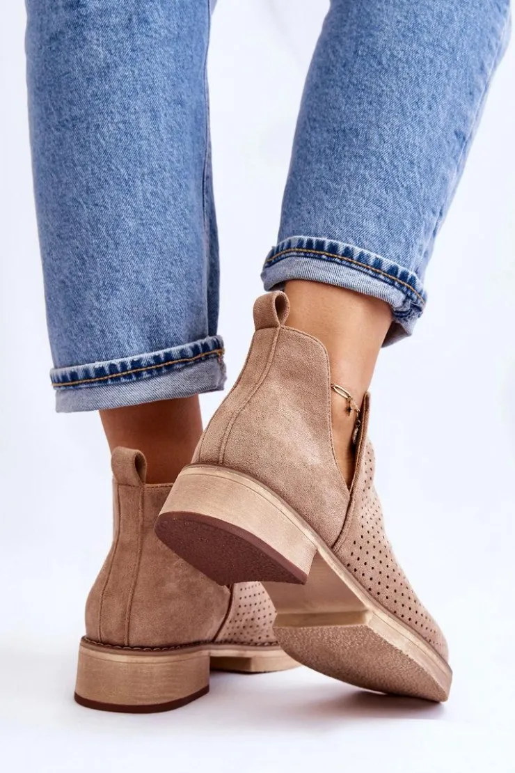 Boto Botki Wiosenne|Botki Ażurowe*Zamszowe Ażurowe Botki Na Płaskim Obcasie Ciemnobeżowe Angie