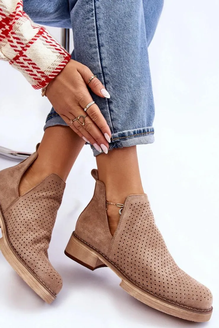 Boto Botki Wiosenne|Botki Ażurowe*Zamszowe Ażurowe Botki Na Płaskim Obcasie Ciemnobeżowe Angie