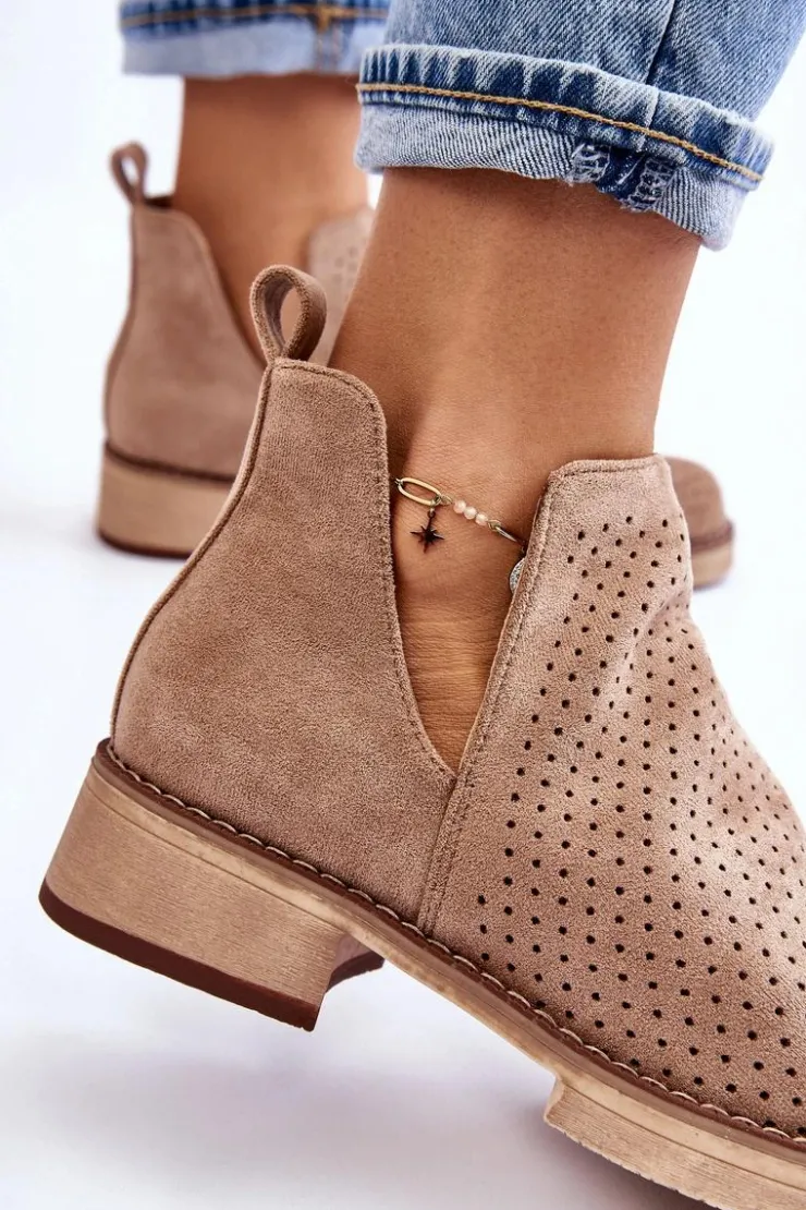 Boto Botki Wiosenne|Botki Ażurowe*Zamszowe Ażurowe Botki Na Płaskim Obcasie Ciemnobeżowe Angie