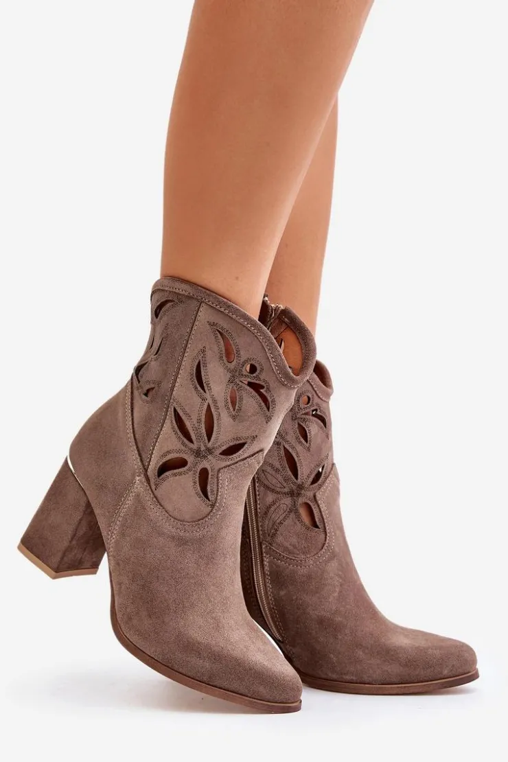 Damskie Boto Zamszowe Ażurowe Botki Na Słupku Lewski 3629 Ciemnobeżowe