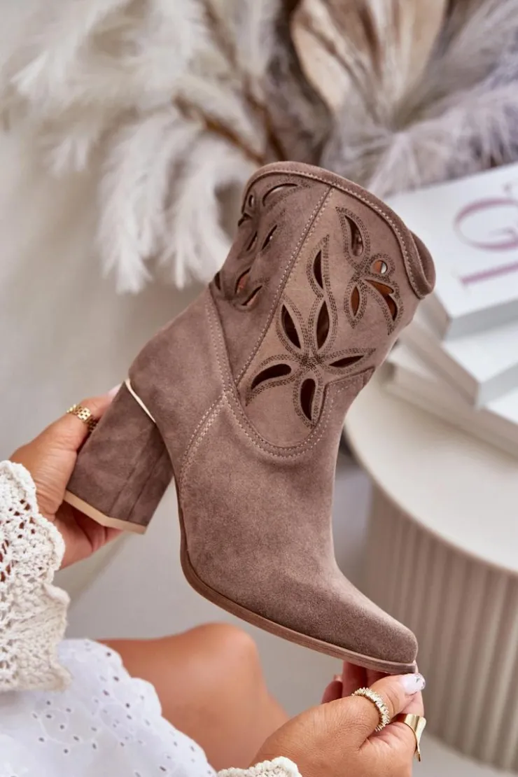 Damskie Boto Zamszowe Ażurowe Botki Na Słupku Lewski 3629 Ciemnobeżowe