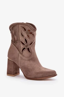 Damskie Boto Zamszowe Ażurowe Botki Na Słupku Lewski 3629 Ciemnobeżowe