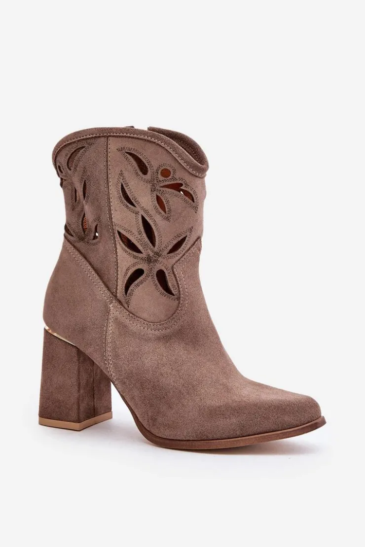 Damskie Boto Zamszowe Ażurowe Botki Na Słupku Lewski 3629 Ciemnobeżowe