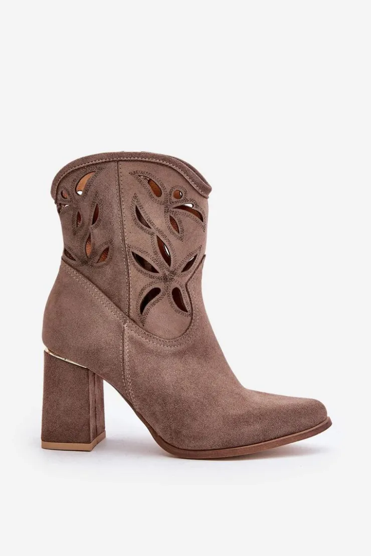 Damskie Boto Zamszowe Ażurowe Botki Na Słupku Lewski 3629 Ciemnobeżowe