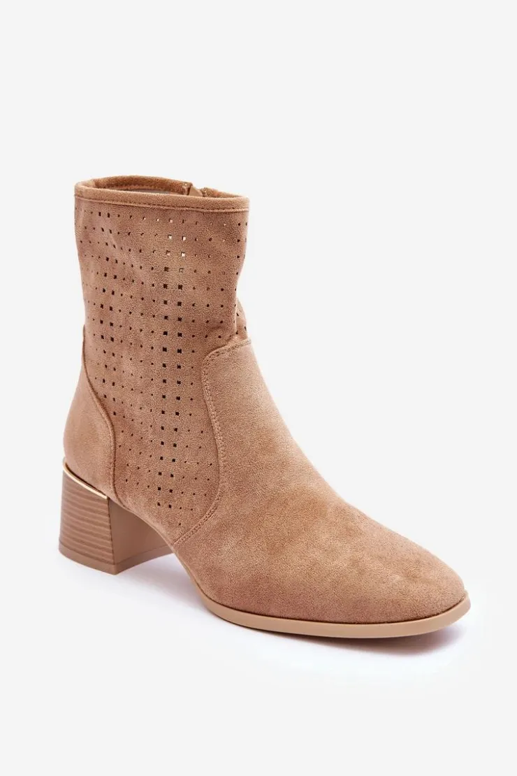 Sale Boto Zamszowe Ażurowe Botki Na Obcasie Ciemnobeżowe Perale