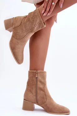 Sale Boto Zamszowe Ażurowe Botki Na Obcasie Ciemnobeżowe Perale