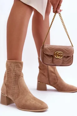 Sale Boto Zamszowe Ażurowe Botki Na Obcasie Ciemnobeżowe Perale