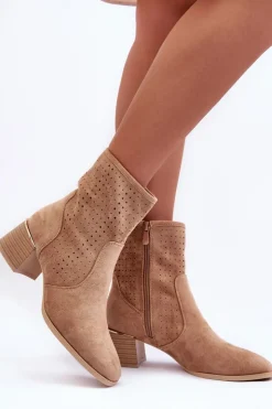 Sale Boto Zamszowe Ażurowe Botki Na Obcasie Ciemnobeżowe Perale