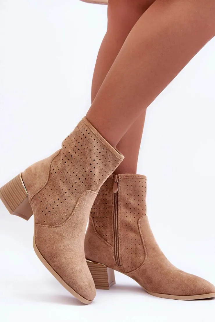 Sale Boto Zamszowe Ażurowe Botki Na Obcasie Ciemnobeżowe Perale